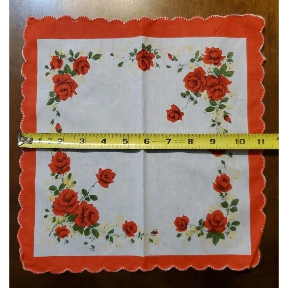 Linen Red Rose Floral Handkerchief Scalloped Cottage Core Bridesmaid Granny
